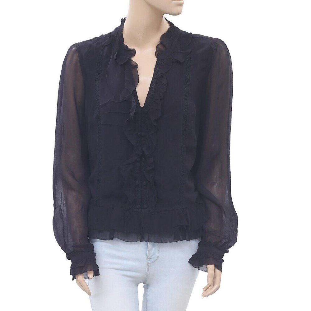 Uterque Floral Lace Shirt Blouse Top Black Ruffle V-Neck Long Sleeve S